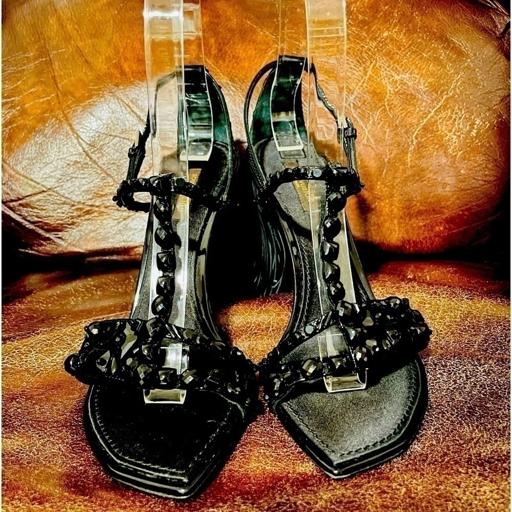 LOUIS Vuitton silk sandals crystal embellishments, patent leather fringe. EU 38